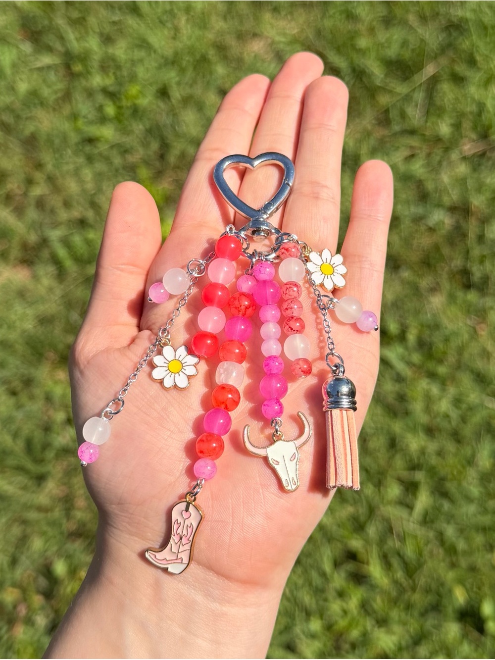 Handmade Western Cow Skull & Pink Cowboy Boot Bag Charm | Daisy Tassel